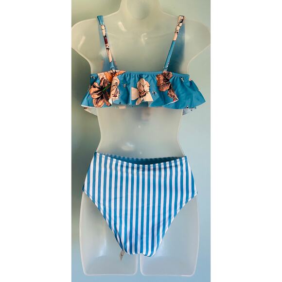 Cupshe XS Swimsuit Blue and White Floral and Striped 2 Piece - Picture 4 of 9